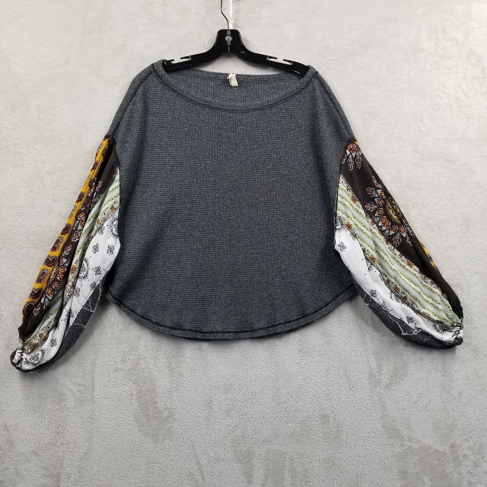 Free People Top Women Small Gray Patchwork Sleeves Waffle Knit Oversized Boho